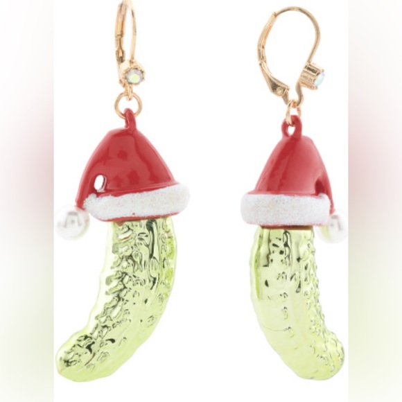 Betsey Johnson Jewelry - Betsey Johnson Festive Pickle Earrings with Santa Hat